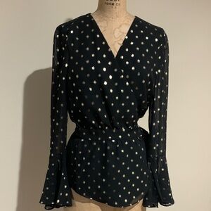 NWT Devlin Elegant Black and Gold Polka Dot Wrap Top